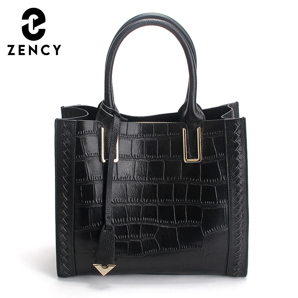 Zency Crocodile Alligator Pattern Fashion Women Tote Bag 100% Genuine Leather Office Lady Handbag Shoulder Messenger Bags Black