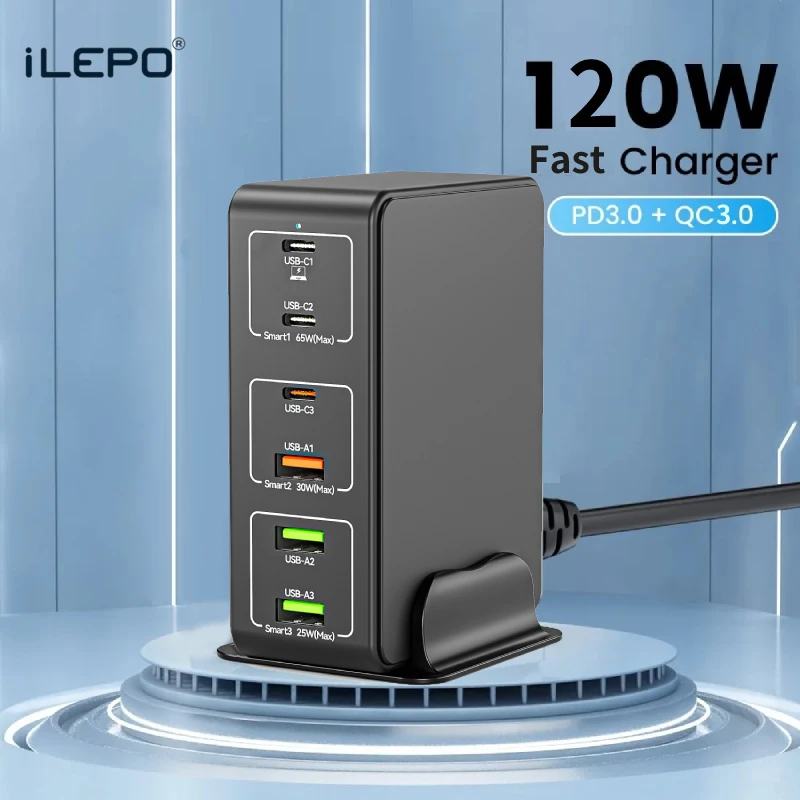 

120W USB Type C Charger 6 Ports Desktop Charging Station For iPhone 14 Pro Max Samsung PD 65W Fast Charger For Laptop Tablet