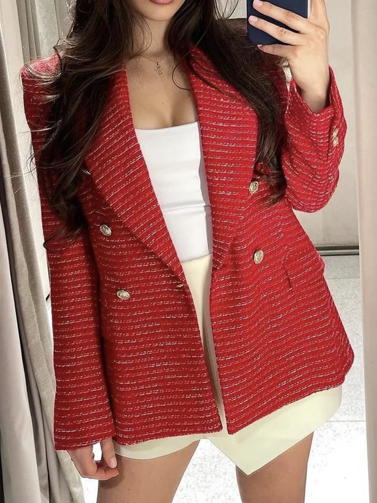 

PTYSIC Women Fashion Red Tweed Jacket Double Breasted Flap Pockets Coat Long Sleeve Office Lady New Outerwear