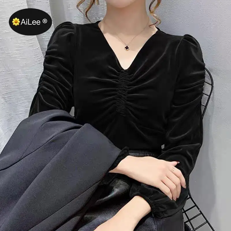 Женская плиссированная блузка на флисе с длинным рукавом и рюшами