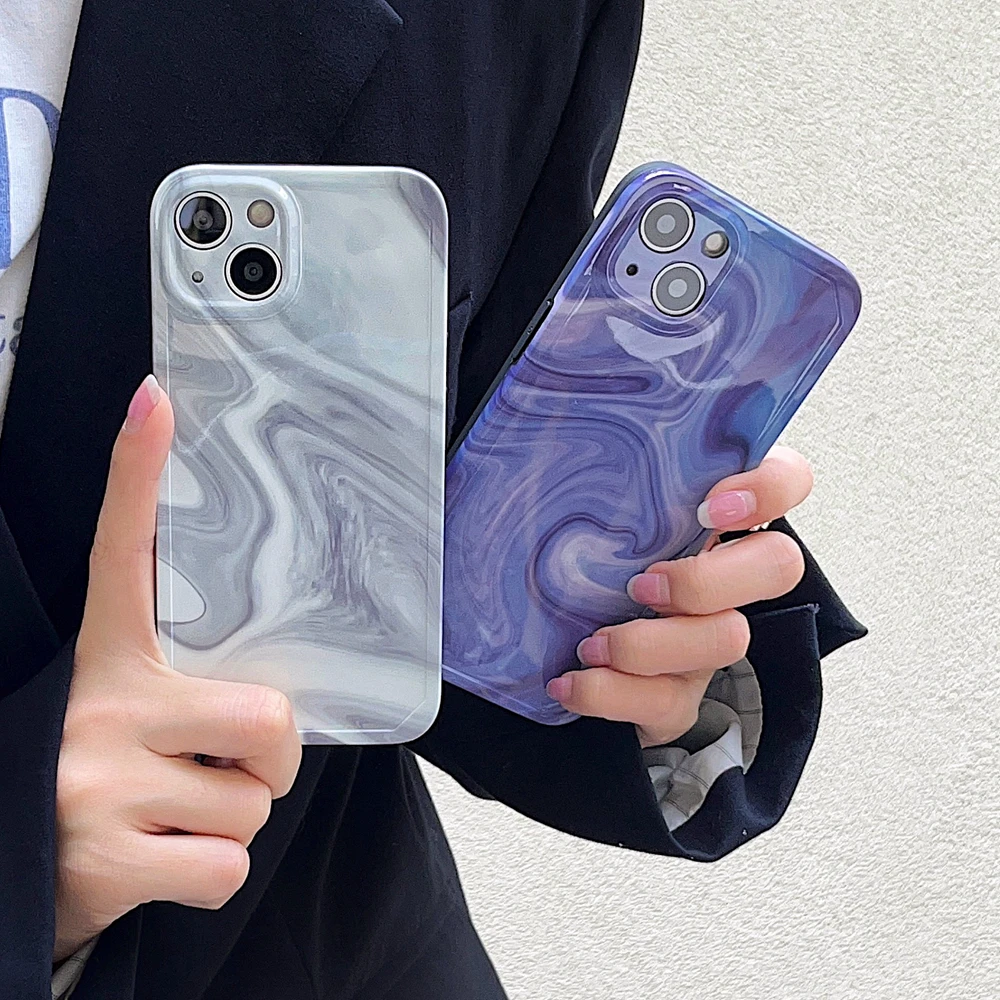 

Fashion Grey Blue Painting Phone Case For iPhone 11 12 13 14 Plus Pro Max iPhone11 Shockproof Soft Silicone Glossy Back Cover