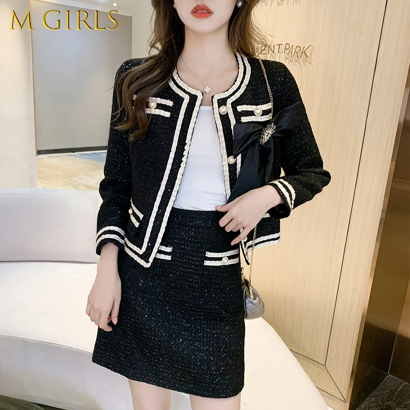 Tweed Two Piece Set Women's Clothes Spring Fall New Small Fragrance Bow Long Sleeve Jacket Coat + High Waist Mini Skirt Suits