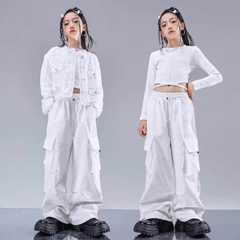 Детская одежда в стиле хип-хоп белая короткая куртка с блестками топ