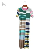 colorful striped short sleeved knitted a line skirt 2022 autumn new women color matching round neck elastic high waist dress