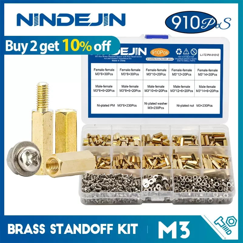 

2023 910pcs/set M3 Male Female Hex Brass Standoff Spacer with Pan Head Screw Nut and Washer Assortment Kit pcb motherboard stand