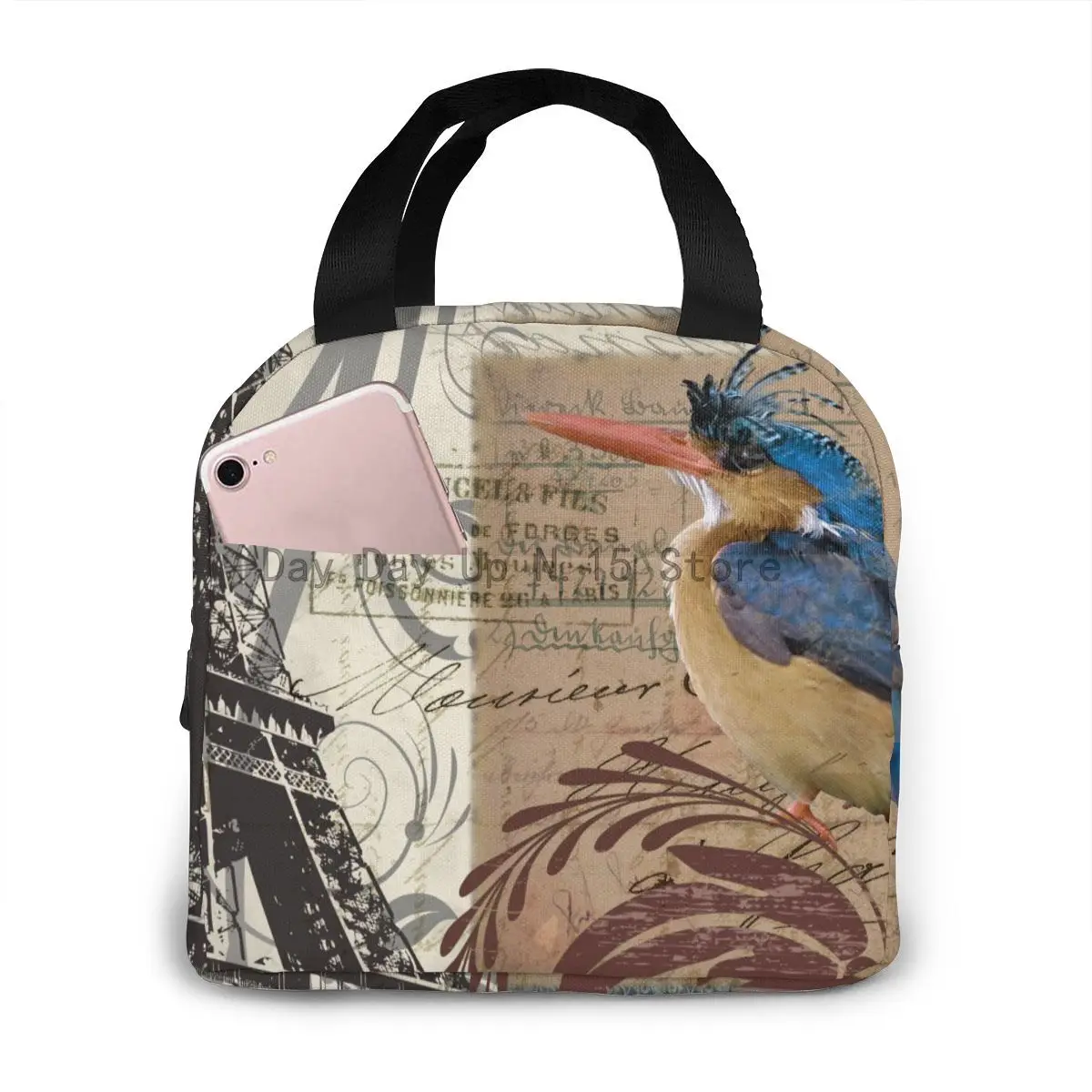 

Paris Bird And Eiffel Tower Lunch Food Box Bag Insulated Thermal Food Picnic Lunch Bag for Women kids Men Cooler Tote Bag