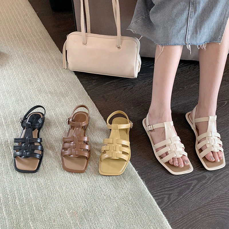 

Ladies Shoes Women Sandals Female Casual Outside Rubber Black Sandals Woman 2022 Summer Square Toe Gladiator Weave Beach Flats