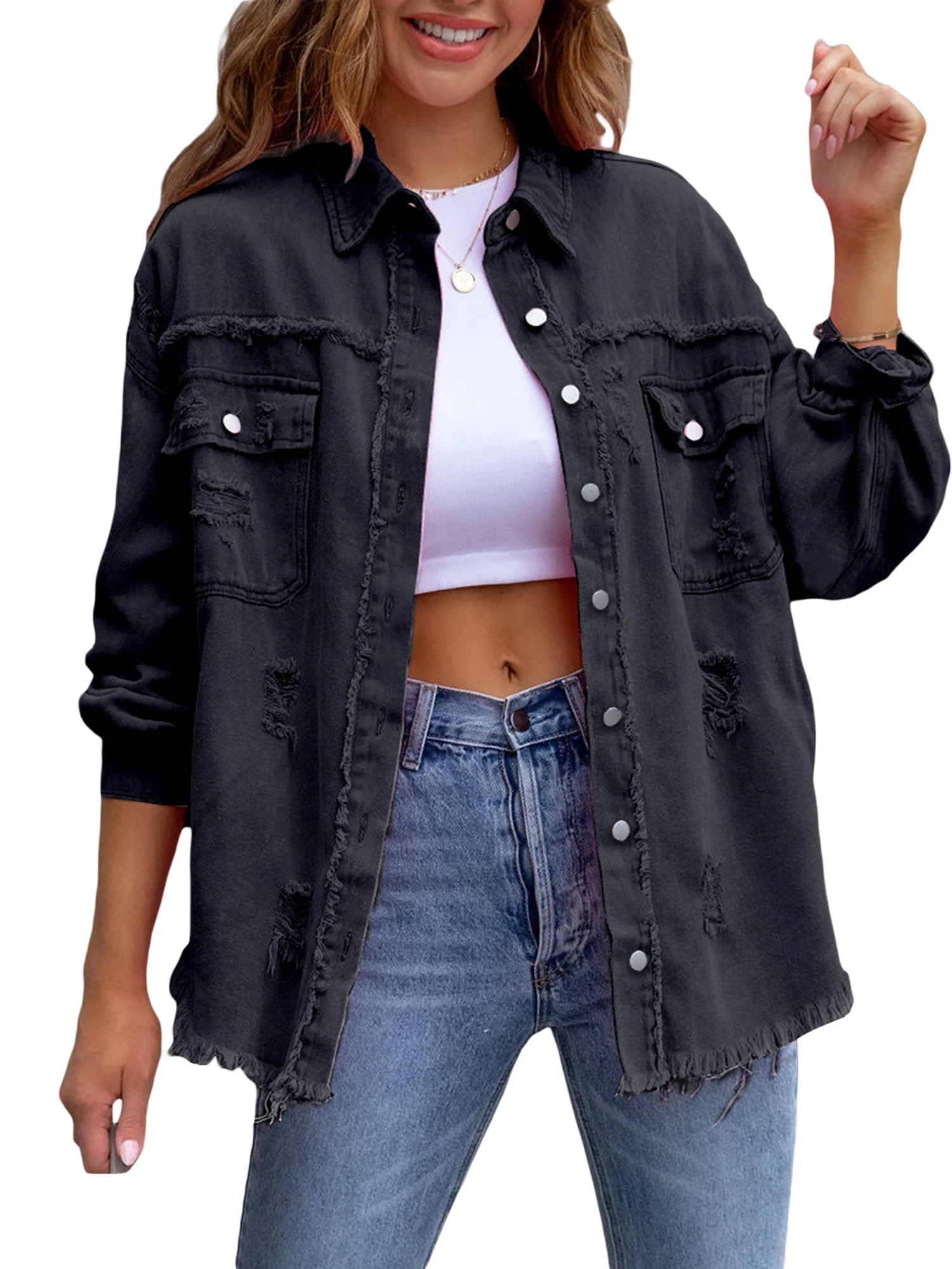 

Edgy and Chic Distressed Denim Jacket with Puff Sleeves and Matching Crop Top Featuring Long Sleeves and Convenient Pockets