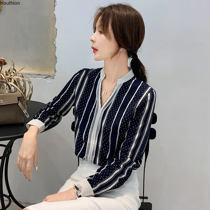 

Silk Women's Blouses Long Sleeve Top Chiffon Shirt Fashion Striped New Korean Loose Casual V-Neck Summer Lady Clothing Houthion