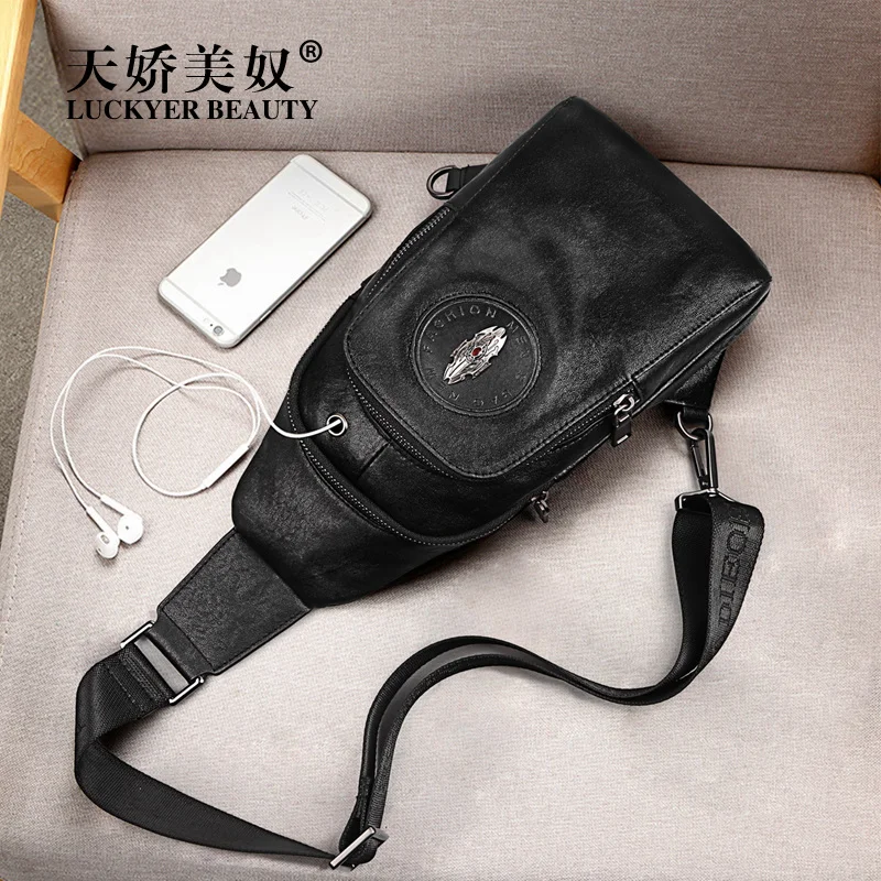 

Men's chest bag leather messenger bag Korean version of the trendy top layer cowhide shoulder bag casual diagonal backpack men