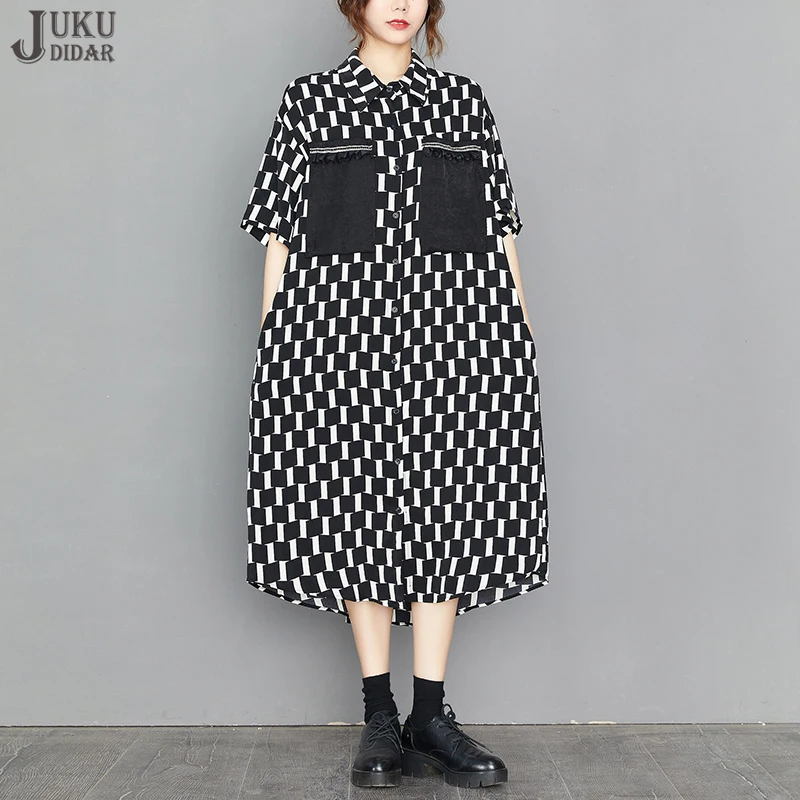 

Short-Sleeve Straight Big Size Loose Fit New Summer Woman Black Green Plaid Shirt Dress Pockets Checks Printed Vestidos JJXD199