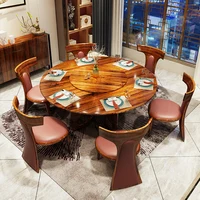 New villa solid wood dining table and chair combination simple large ebony round table 1.5m marble table with turntable