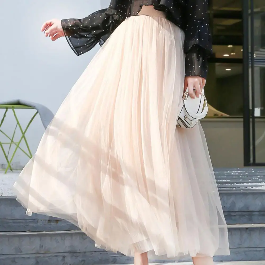 

Mesh Skirt Solid Color Elastic High Waist Loose Large Hem Streetwear Elegant Women A-line Pleated Maxi Skirt Commute Wear