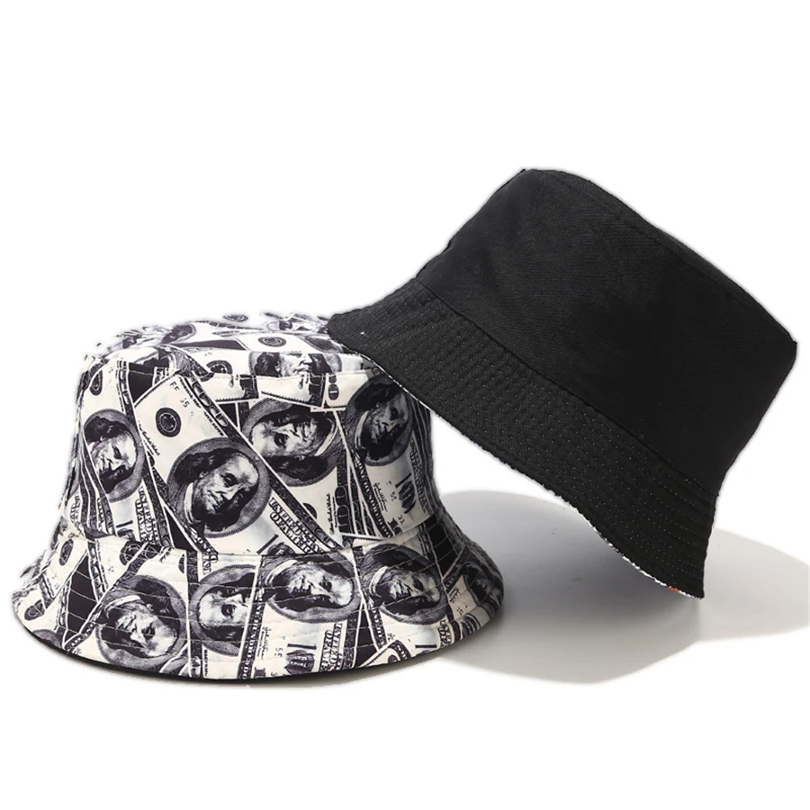 

2023 Creative Dollar Graffiti Bucket Hats Unisex Folding Double-sided Panama Female Summer Basin hat Outdoor Leisure Sun Hats