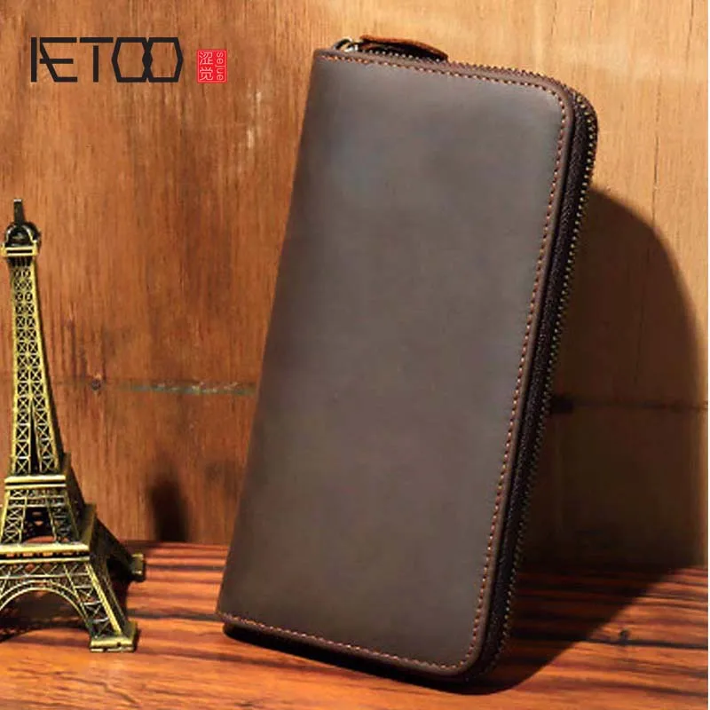 

AETOO New retro crazy horse leather long wallet men's leather business wallet cowhide zipper bag multi-card pocket bag