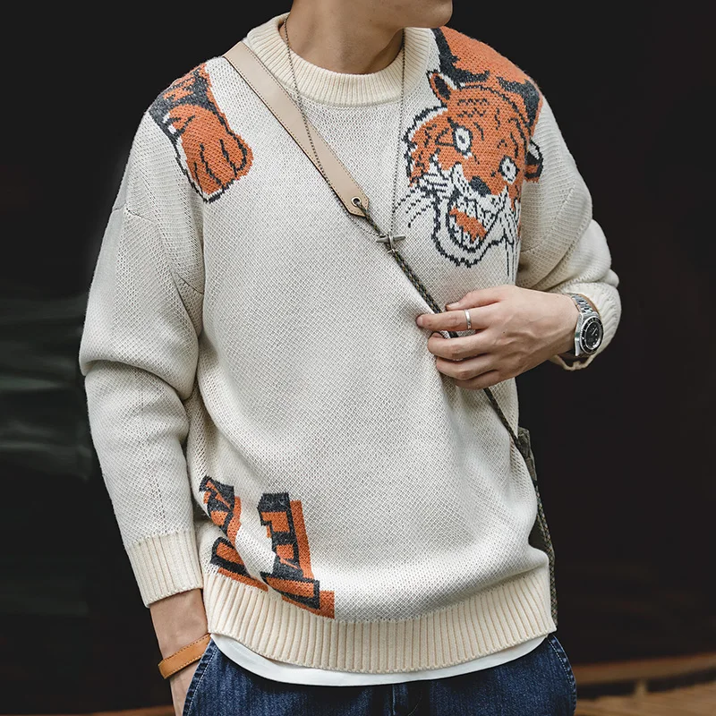

Maden Men Tiger Pattern Vintage O-Neck Sweater Warm Daily Knitwear Pullover Harajuku Oversize Halloween Sweaters Autumn Winter