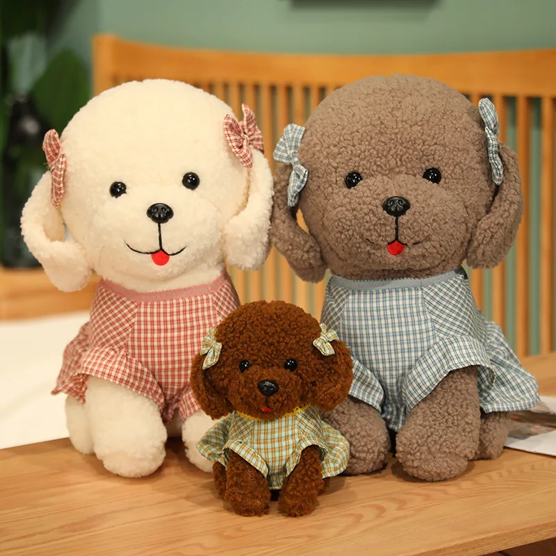 

25~45cm Sitting Cute Teddy Dog Doll Check Pattern Skirt Dressed Simulated Animal Fuzzy Long Plush Toy For Kids Christmas