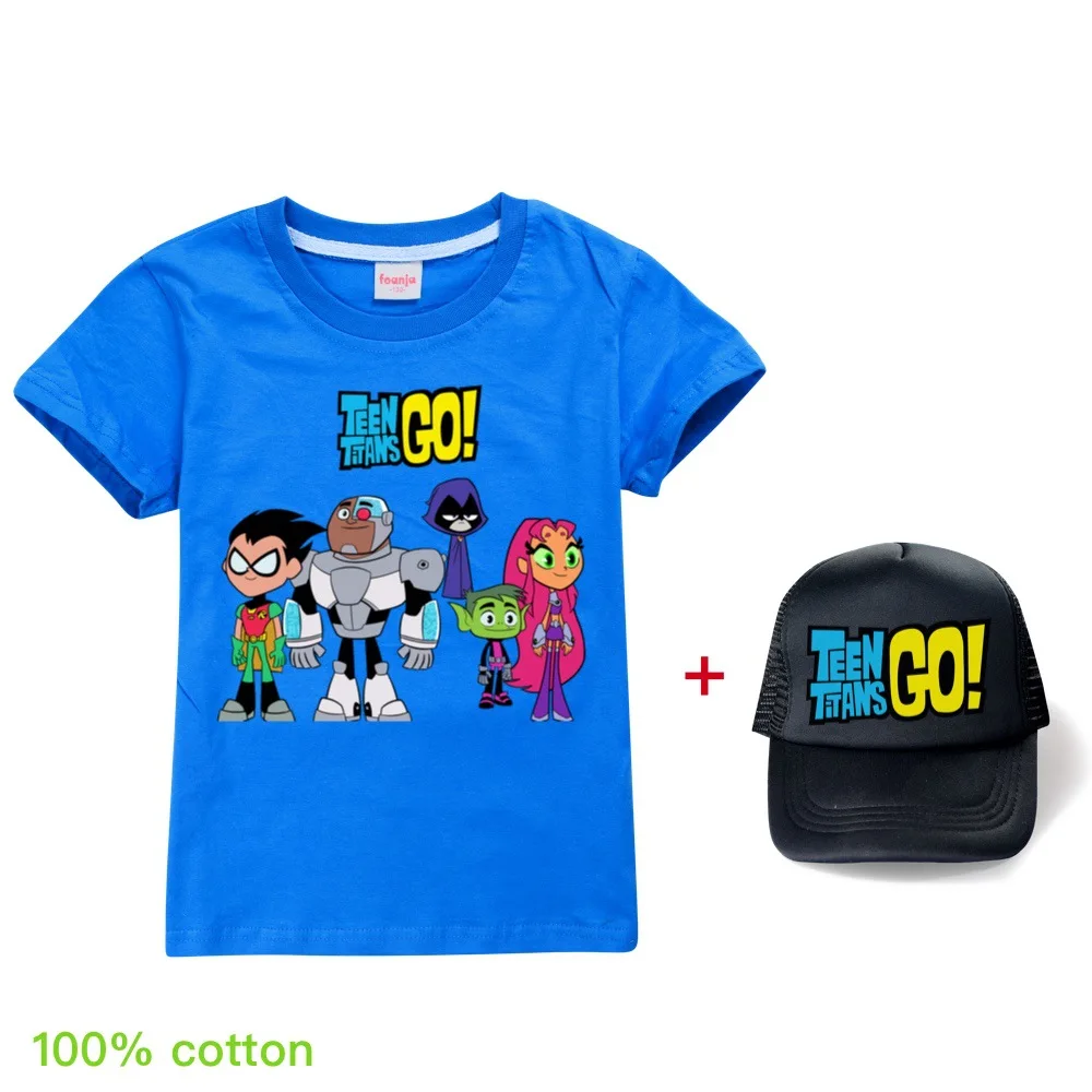 

Summer Boys Girls Cotton t shirt Clothes Toddler Kids Teen Titans Go Short Sleeve T-shirts+cap Suit Children Tee Tops Clothing