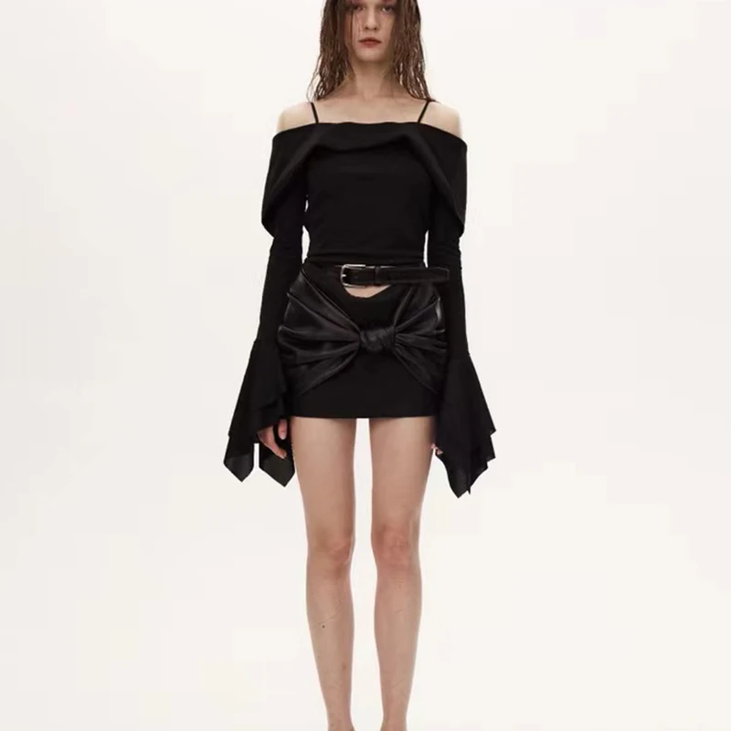 

Sexy fashion stretch knit geometric flared sleeve top 20 new one shoulder halter shirt fashionable and versatile women y2k