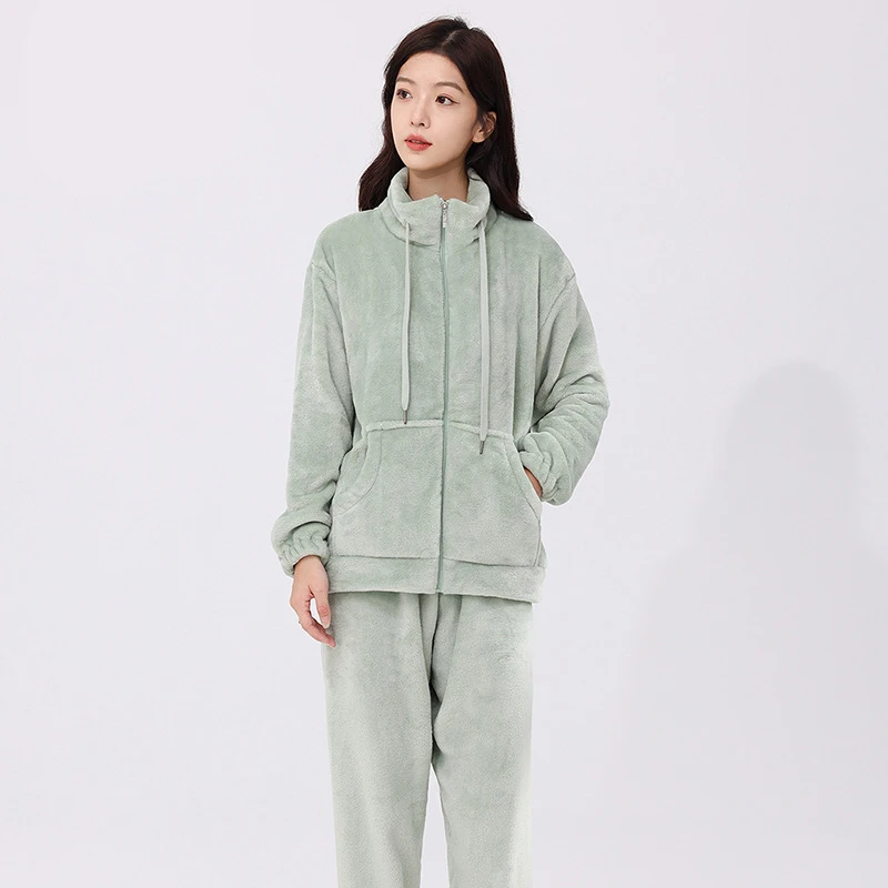 Flannel Men Pajama Pants 2 Pieces/Set Long-sleeve Pijama Suit For Women Solid Casual Loose Homewear Winter Thick Warm Sleepwear