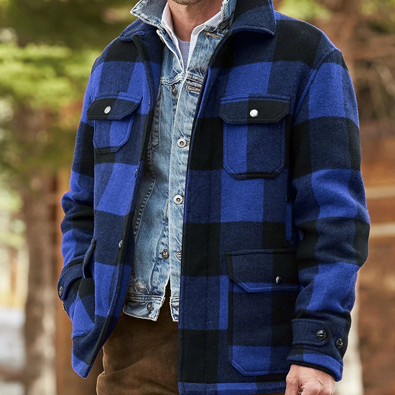 

Autumn And Winter Single Breasted Coat Warm Lapel Pocket Fashion Casual Men's Plaid Thickened Shirt Coat Clothing For Man