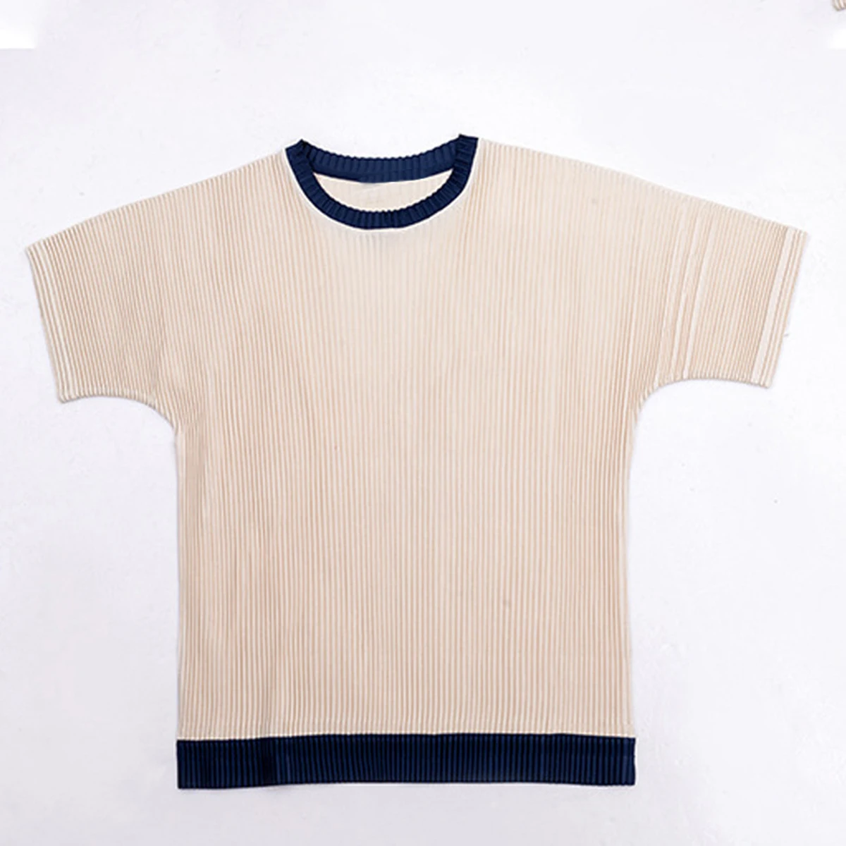 Mi Tempio Men's Short Sleeved T-Shirt Round Neck Pullover  Pleated Style Color Blocking Minority Designer Top Fashion
