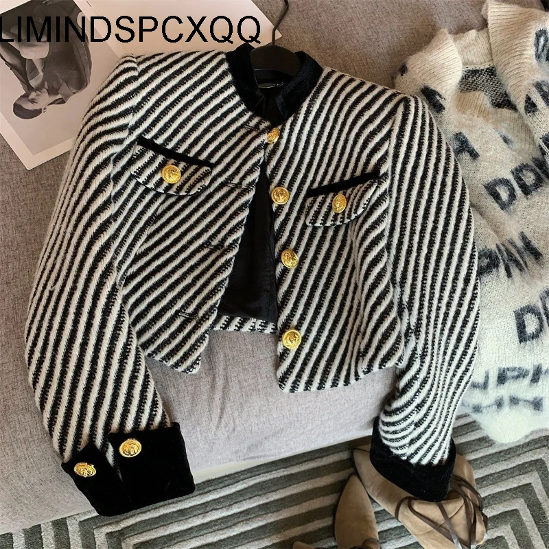 

Autumn Winter 2023 New Vintage Stripy Jackets Women Simple Stand Collar Long Sleeve Loose Casual Short Coat French Chic Tops
