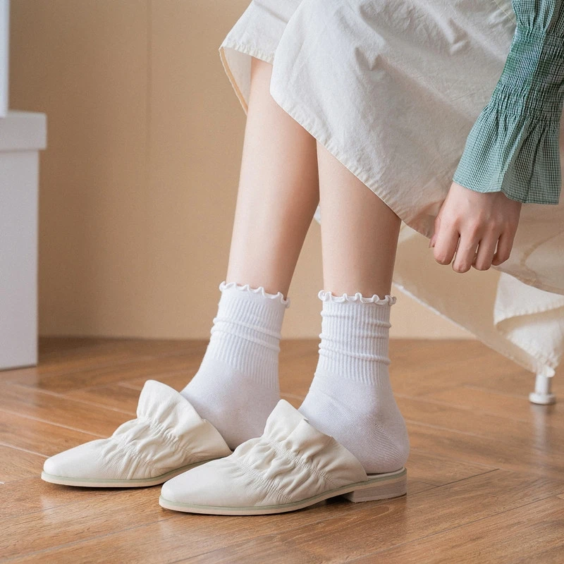 White Socks Women Kawaii Cute Frilly Ruffle Socks Cotton Japanese Fashion Purple Woman Crew Socks Female Designer Socks