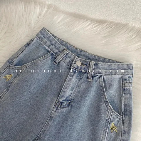 Floral embroidered jeans 2022 autumn new women clothing washed loose all match wide leg trousers woman denim pants new