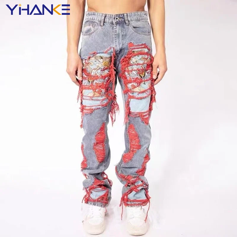 European and American Vibe Style Men's Retro High Street Hip-hop Heavy Industry Embroidery Women's Loose Jeans Trousers Tide