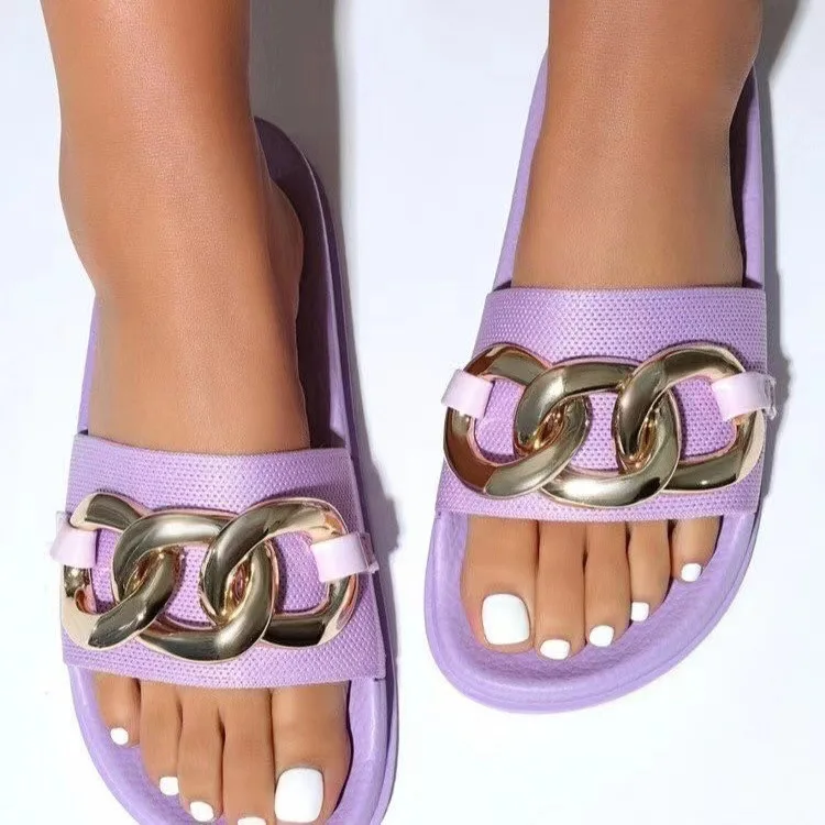 

2022 Women Shoes New Design Gold Chain Slipper Slides Open Toe Slip On Beach Slippers Shoes Sandals Low Heels Casual Shoes Black