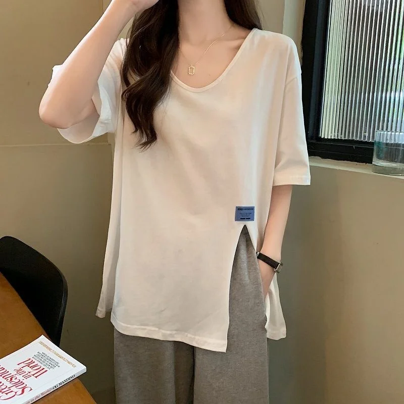 

Large Size Straight Loose T-shirts Women Summer Casual Short Sleeve V-Neck Oversize Basic Top Side Split Simple Tshirts Female