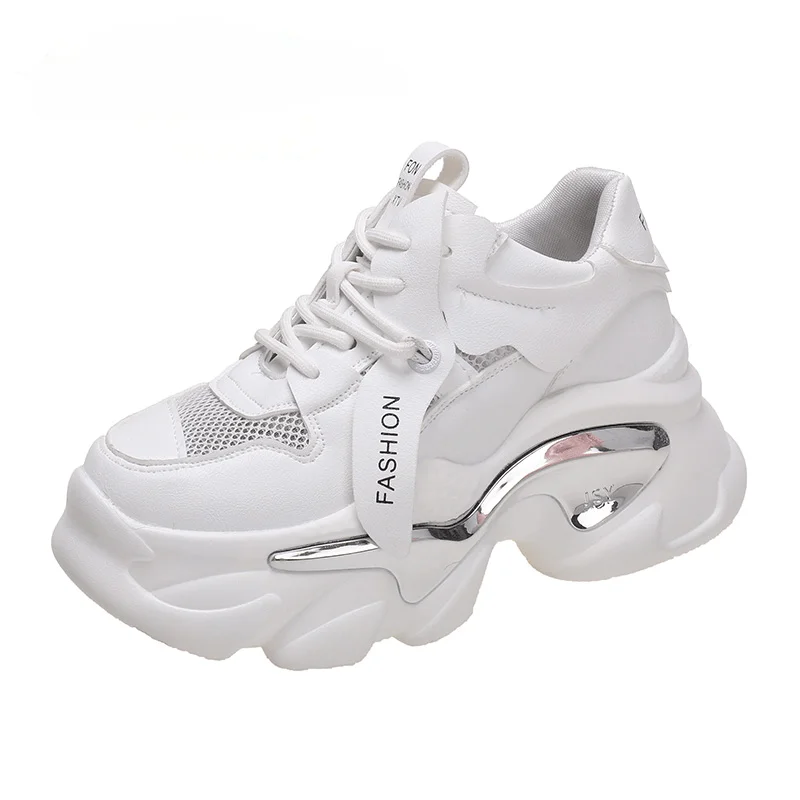 

Женские кожаные кроссовки, повседневная сетчатая обувь на каблуке 8 см, дышащие, со шнуровкой, белые, на платформе, на лето