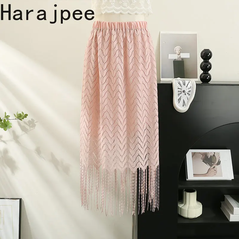 

Женские Ажурные кружевные юбки Harajpee в стиле пэчворк с бахромой, летняя новая элегантная юбка с высокой талией, эластичная элегантная женская повседневная юбка