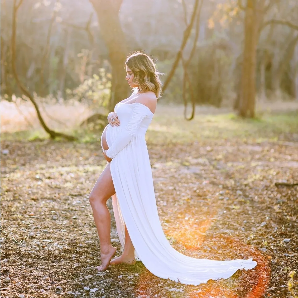 

Maternity Dress Photography Props Off Shoulder Long Sleeve Chiffon Gown Split Front Maxi Pregnancy Dresses For Photoshoot