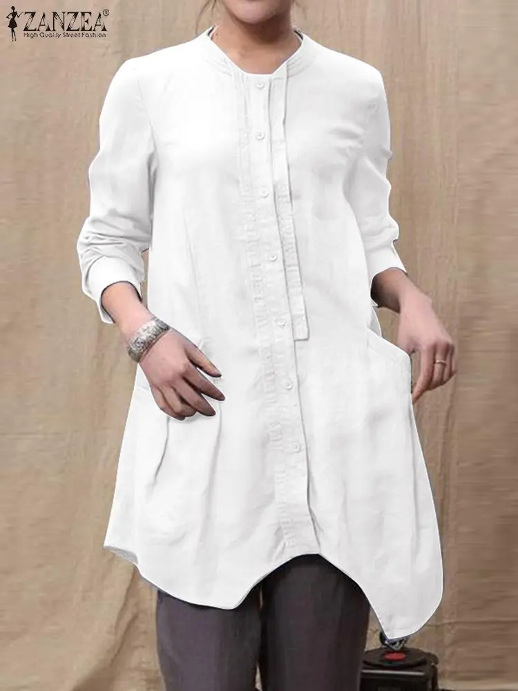 

Летняя женская однотонная блузка ZANZEA, туника с асимметричным подолом, топы с круглым вырезом и длинным рукавом, винтажная рубашка, женские с...