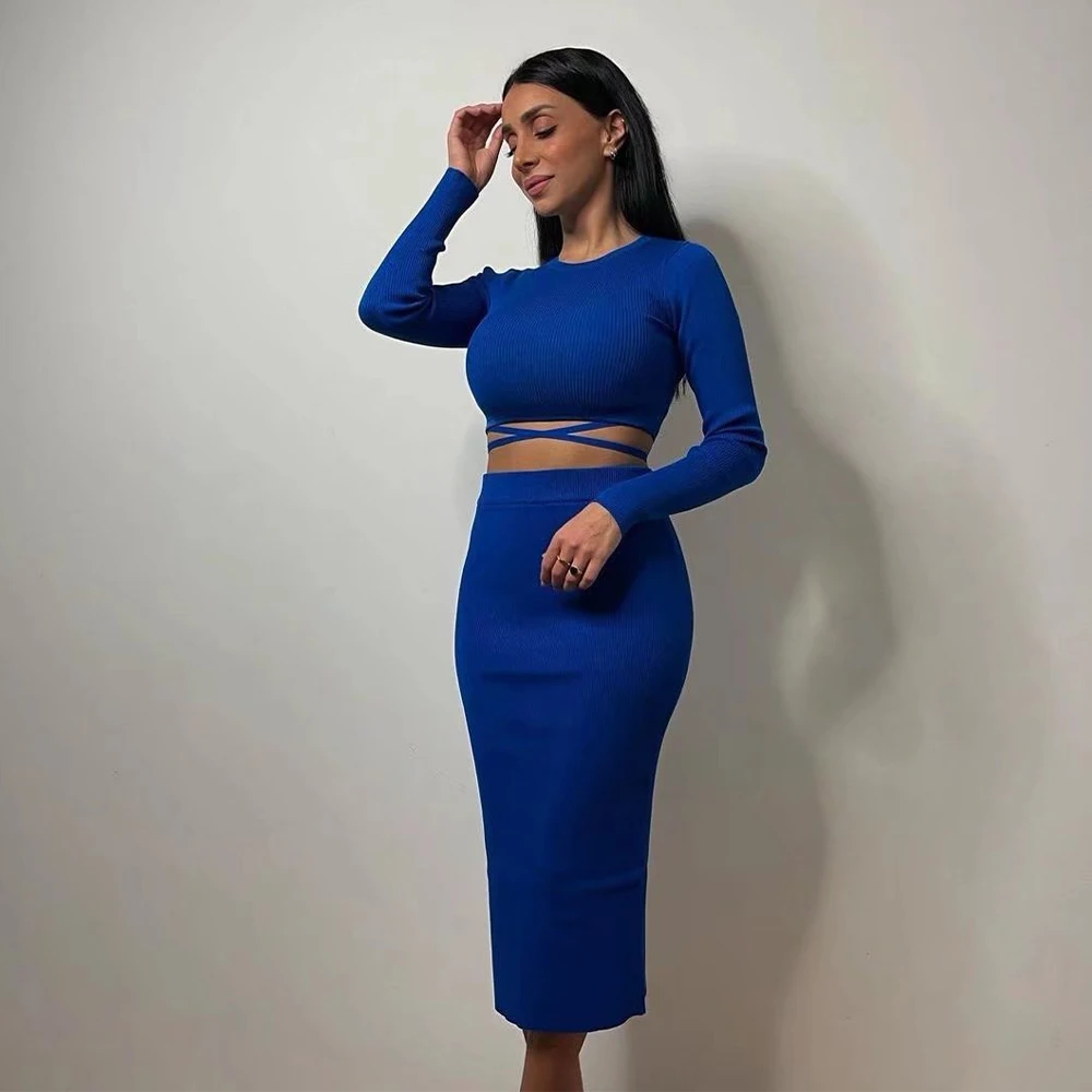 

2022 New Women Fashion Blue Knit Top with Knot Spring Summer Long Sleeves O-neck Crop Top Female Chic Lady Short Knitwear