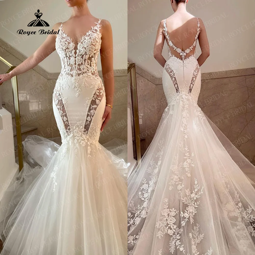 

Sexy Illusion Waistline Lace Wedding Dress Mermaid Backless Bridal Robes Appliques Court Train Bride Dresses Vestido De Noiva