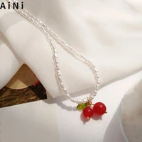 sweet jewelry simulated pearls necklace for women accessories pretty design red cherry pendant necklace for girl student gifts