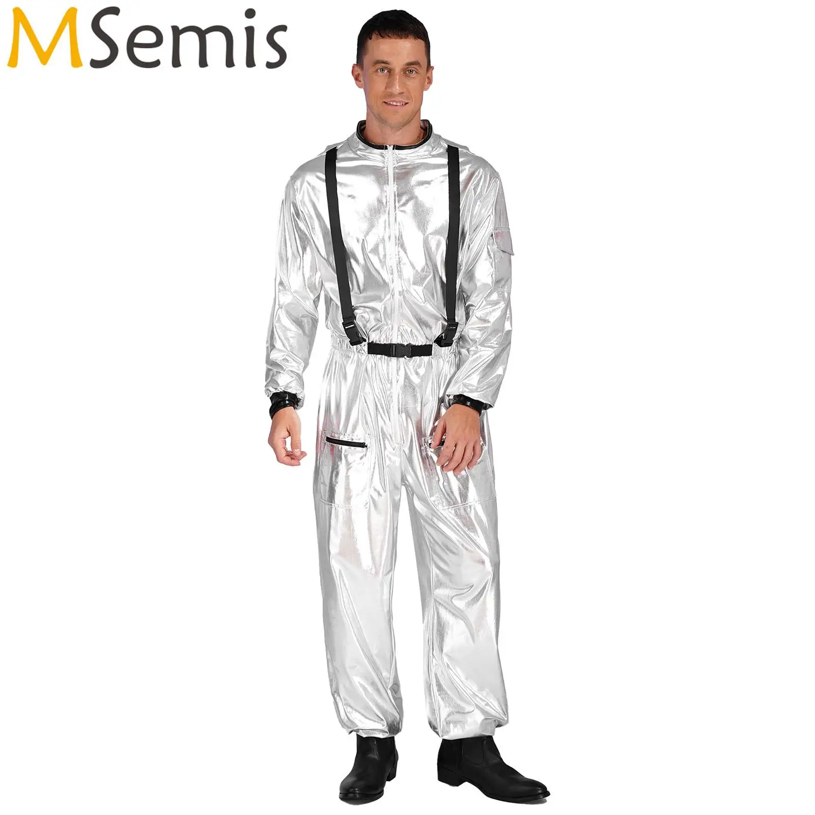 

Mens Astronaut Spaceman Cosplay Outfit Halloween Carnival Costume Metallic Shiny Mock Neck Long Sleeve Jumpsuits Zipper Bodysuit