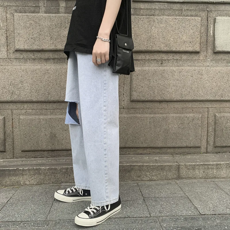 Summer Blue Hole Jeans Men Fashion Casual Straight Jeans Men Streetwear Loose Hip Hop Ripped Denim Pants Mens Trousers S-2XL