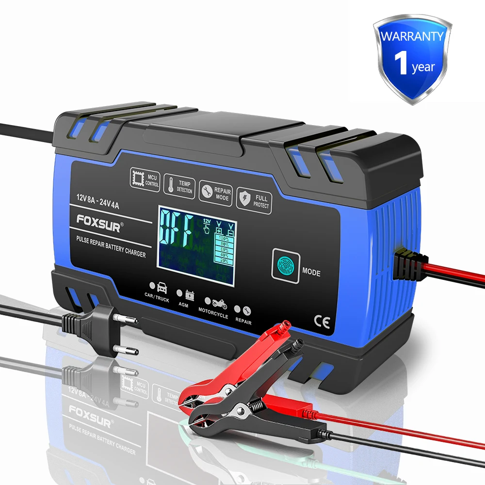 

FOXSUR Car Battery Charger 12V 6A 8A Automatic Charging for Lead Acid AGM Gel VRLA 24V Auto Motorcycle Charger Starting Device