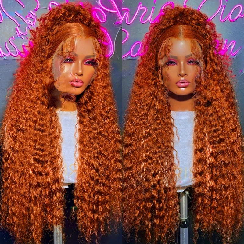 Kinky Curly Orange Color 26 Inch Middle Part Lace Front Wig 180 Density Long Preplucked For Women With Babyhair Glueless Daily