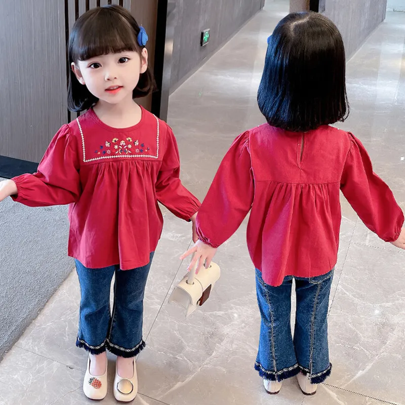 

New Embroidery Long Sleeve Children Shirts Cotton Girls Blouse for Kids Spring Autumn Cute Toddler Tops Girls Clothing for 2-8Y