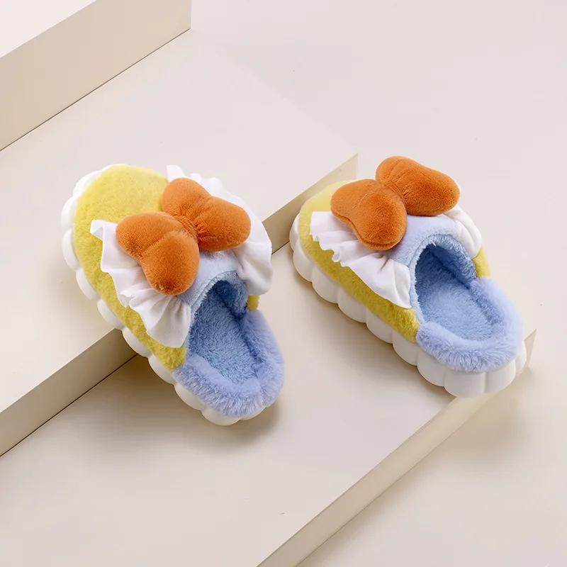 

2023 Winter Women Slippers Cute Bow Fluffy Floor Shoes Bedroom Cotton Slippers Warm Home Shoes Indoor Thick Sole Mules Women