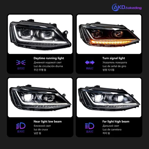 Автомобильные фары для VW Jetta Sagitar MK6, светодиодные фары 2011-2018, фары DRL, указатель поворота, дальний свет, двойной U, линза проектора