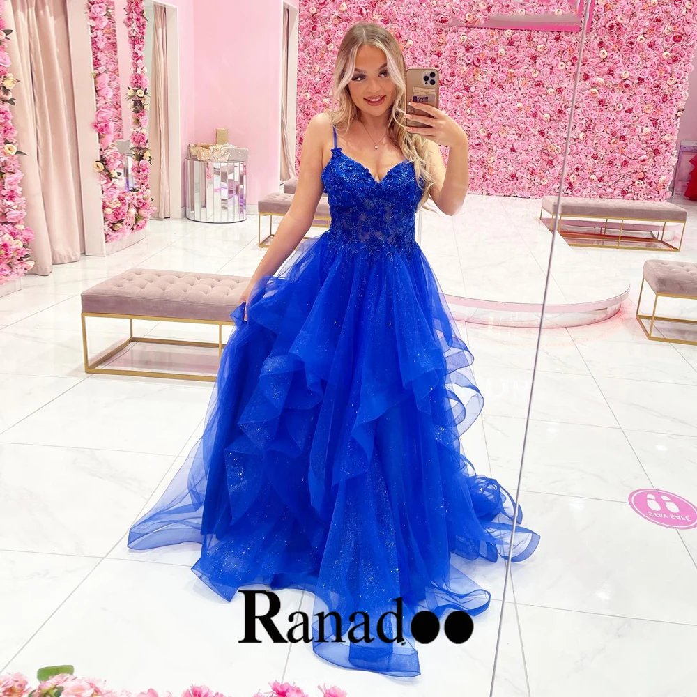 

Ranadoo 2023 Aline Evening Gowns V-Neck Pleated For Women Spaghetti Strap Applique Sleeveless Bling Party Formal Customer Made