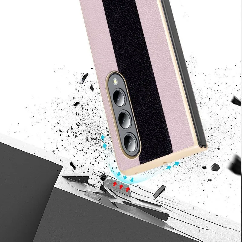 Luxury Genuine Leather Electroplated Glossy Frame Cover For Samsung Galaxy Z Fold 3 Fold3 Splicing Color Dual-Color Armor Case