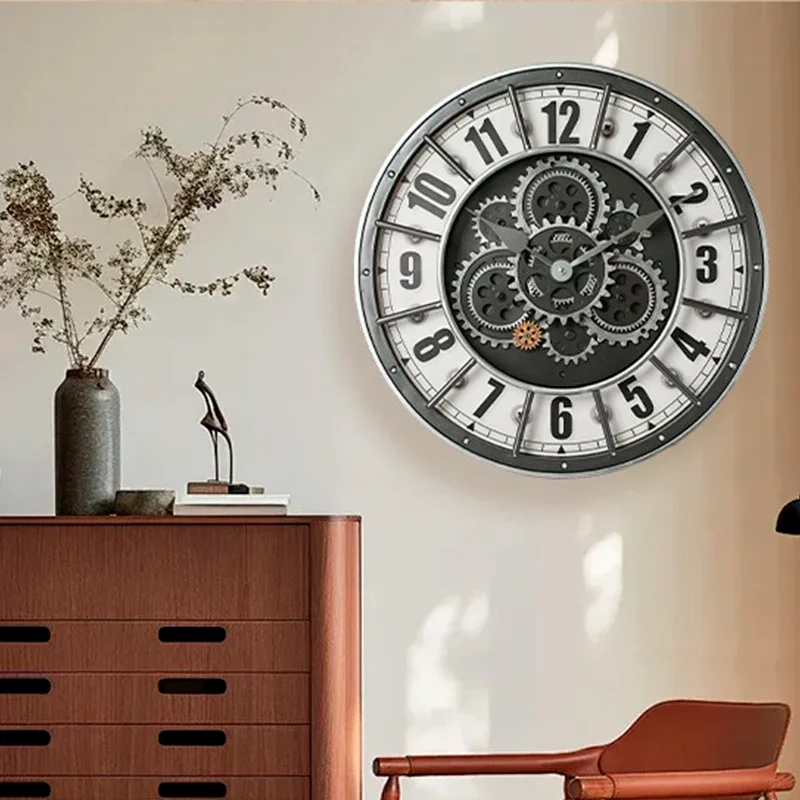 Фото Настенные часы Tianji Star Retro с вращающимися шестернями, 46 см, для дома, декоративные, стильные, бесшумные, с кварцевым механизмом №5