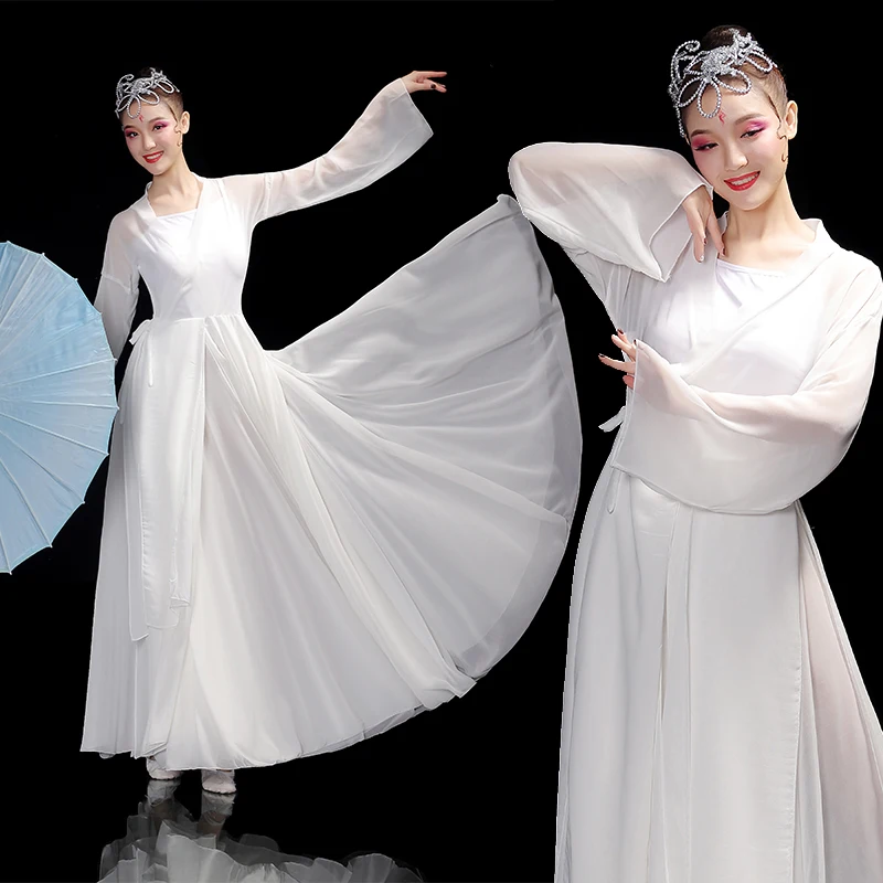

Chinese Classical Dance Dress for Women Elegant Female Umbrella Fan Yangko Dance Costume Traditional Modern Folk White Hanfu